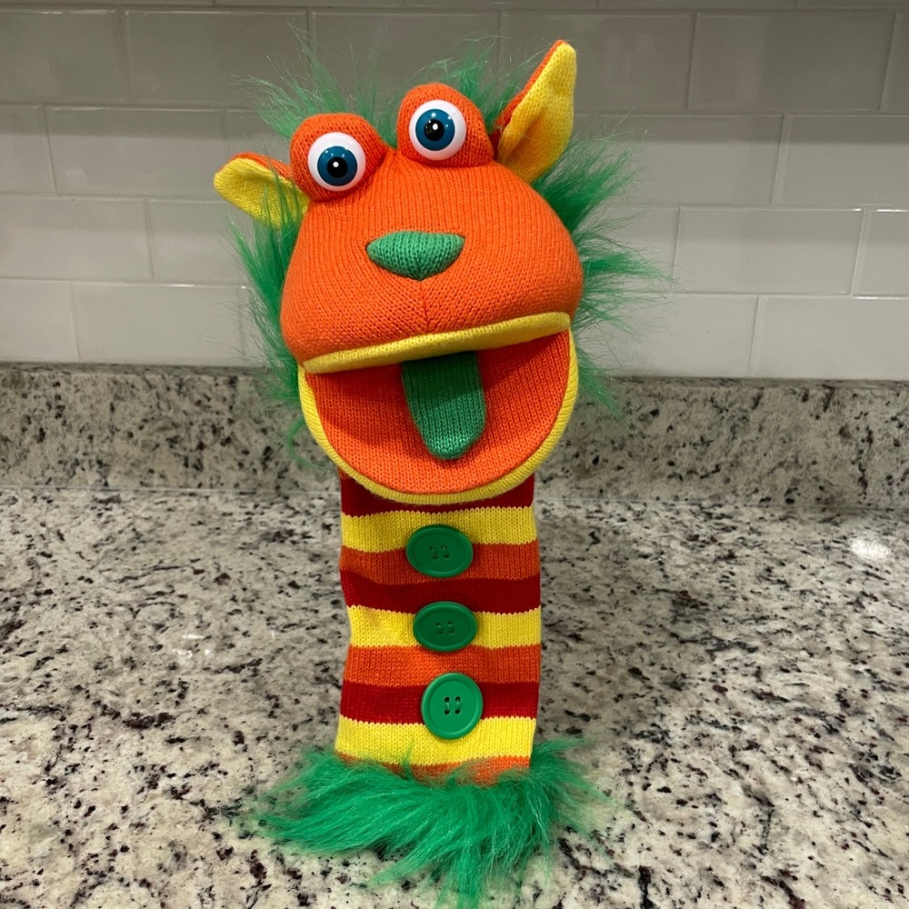 Buttons Knitted Hand Puppet The Puppet Company Orange Green Stripes Monster